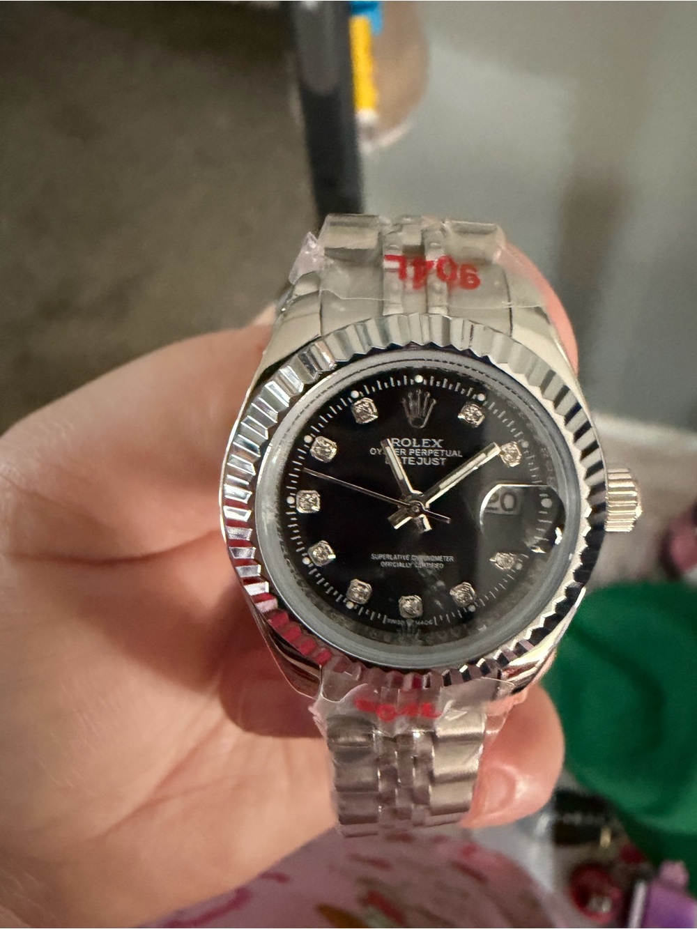 28mm women’s  Silver Stainless Steel Watch with Black Dial and Diamond Markers